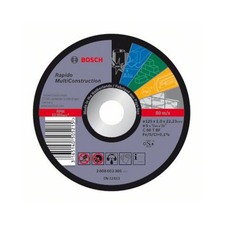 Disc de taiere Bosch Rapido Multi Construction 2608602385, 125 mm diametru, 1 mm grosime