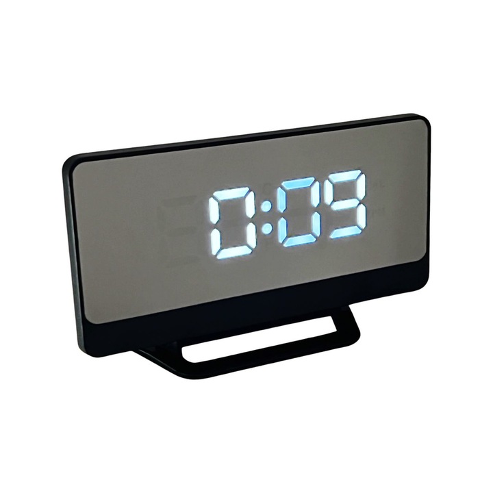 Ceas electronic cu afisaj digital cu LED Alb, forma mini TV, cu alarma, negru