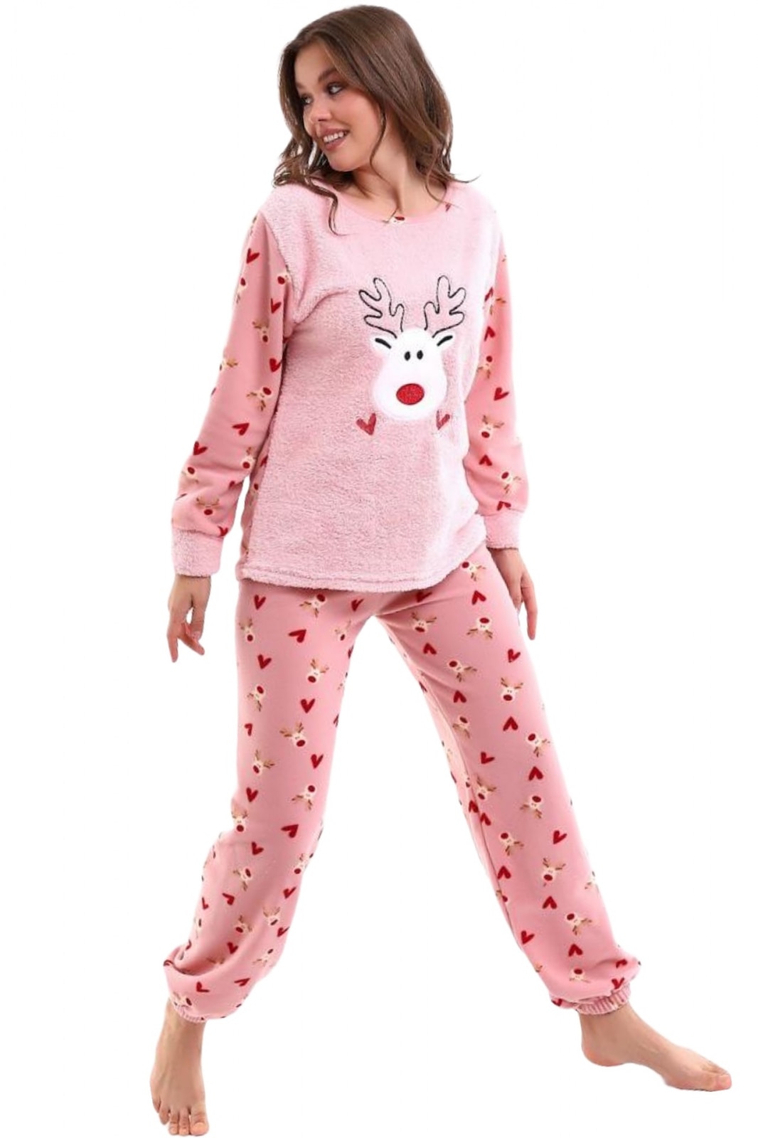 clockwise Roman Leap Pijama dama cocolino, pufoasa si calduroasa, motiv Craciun reni, roz, XL -  eMAG.ro