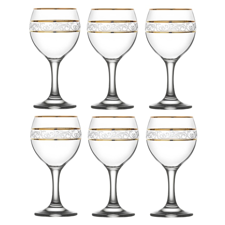 Borospohár készlet 6 db-os, arany aura, szárral, 210ml