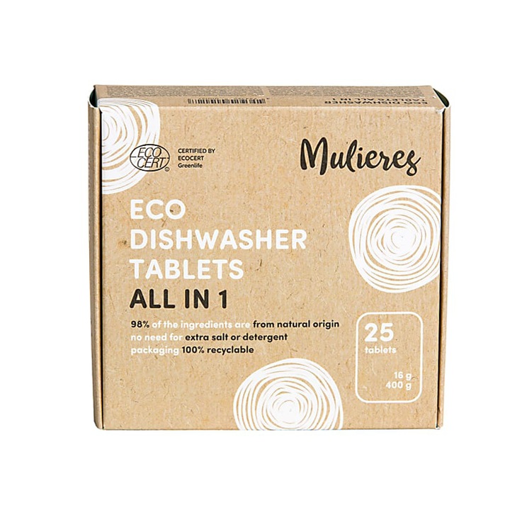Tablete ecologice pentru masina de spalat vase, Mulieres, 98% natural, ambalaj biodegradabil, 25 buc