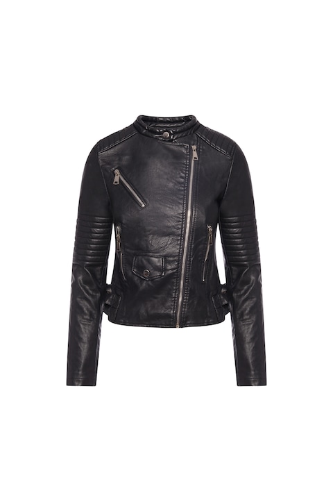 Jacheta din piele ecologica cu catarame si fermoare, Negru