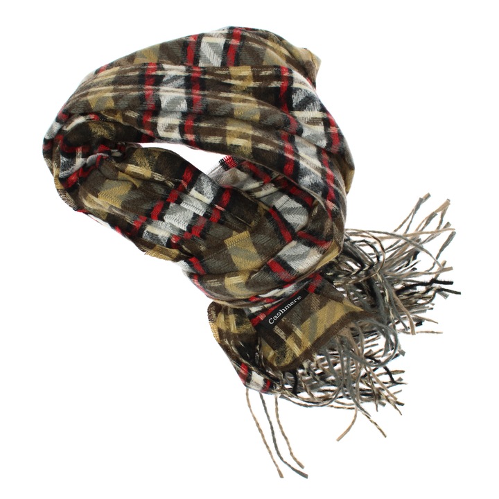 Esarfa de dama, ButicCochet, din casmir, cu franjuri, 190 x 70 cm, model carouri, Maro - ES1478