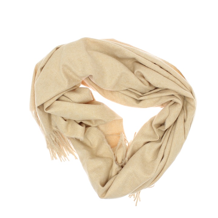 Дамски шал, ButicCochet, изчистен кашмир с ресни, 190 х 70 см, бежов - ES1451