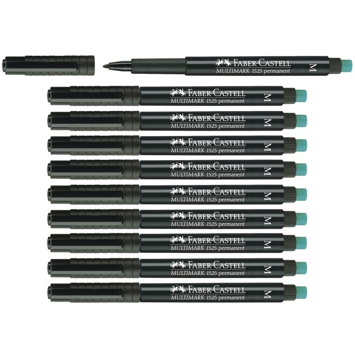 Set 10 marker permanent Faber-Castell Multimark, varf M grosime 1 mm, negru