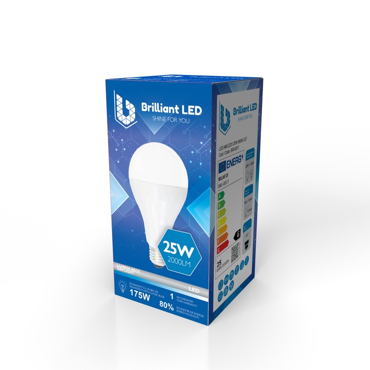 LED крушка A80 Brilliant LED, E27, 25W (175W), 2000LM, G, студена светлина 6500K, Мат