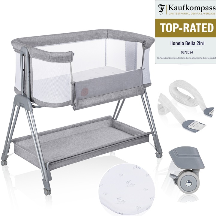 Patut, Lionelo, co-sleeper Luna, 2 in 1, Cu laterala culisanta, Cu setare unghiulara, Cu roti, Reglabil in 6 pozitii pe inaltime, Gri deschis