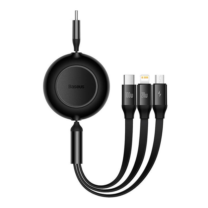 Кабел с регулируема дължина Bright Mirror 2, Baseus, USB-C - Micro, USB-C, Lightning, за iPhone, 100W PD QC, 110 см, Черен