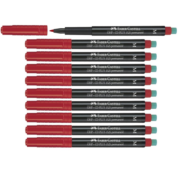 Set 10 marker permanent Faber-Castell Multimark, varf M grosime 1 mm, rosu