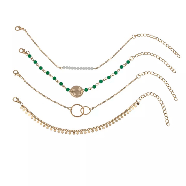 Set 4 bratari dama, pandantive rotunde, accesorii albe si verzi, dimensiune reglabila, aurie, EFAYN