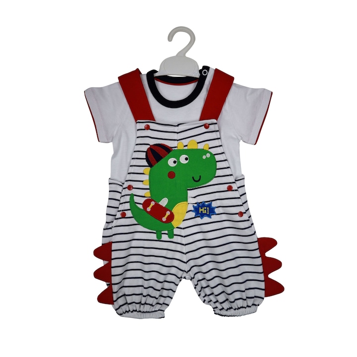 Set Bebelusi Baieti "Dino" 2 Piese Salopeta Si Tricou Maneca Scurta 100% Bumbac, Alb
