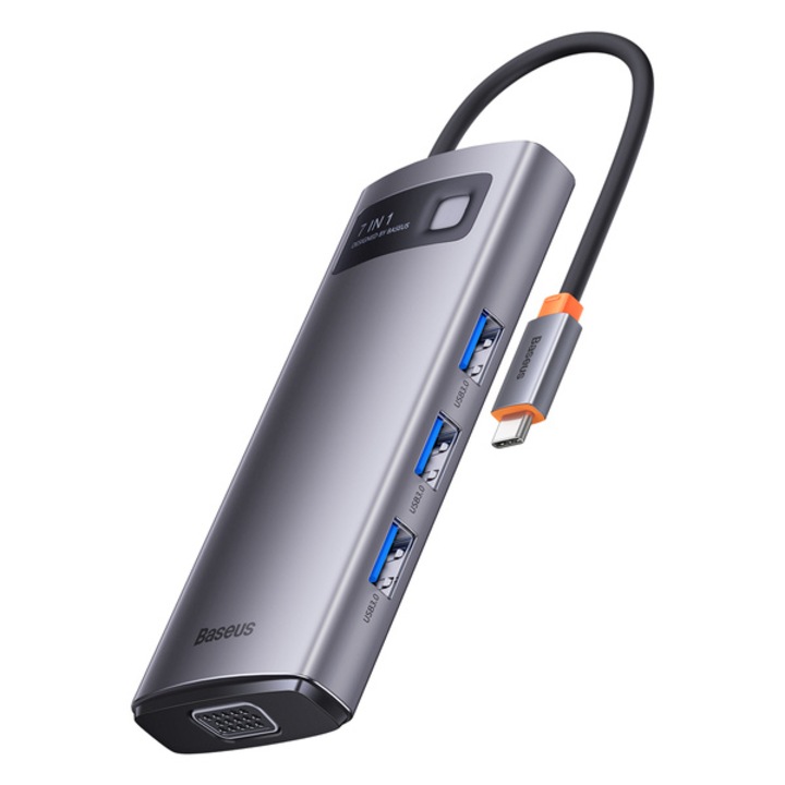 Адаптер Metal Gleam 7in1, Baseus, USB-C HUB, за 3x USB3.0, VGA, HDMI 4K, RJ45, 100W PD, сив