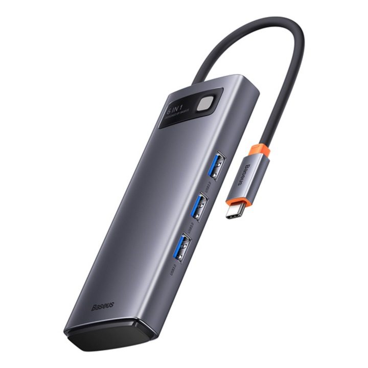 Адаптер Metal Gleam 6in1, Baseus, HUB USB-C - HDMI, 3x USB3.0, SD, TF PD 100W, черен