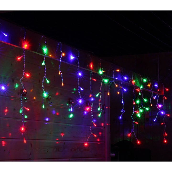 Коледни лампички тип завеса, за открито IP44, 30 mx 0,7 m, 858 LED, 8 светлинни игри, Многоцветен, Взаимно свързване, Прозрачен силиконов кабел, 3 m удължител включен, Ресни
