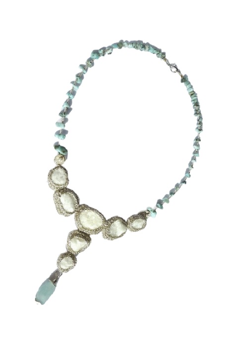 Колие Aisberg, сребърна японска метална нишка, мраморна цепка, бяло, 45 см