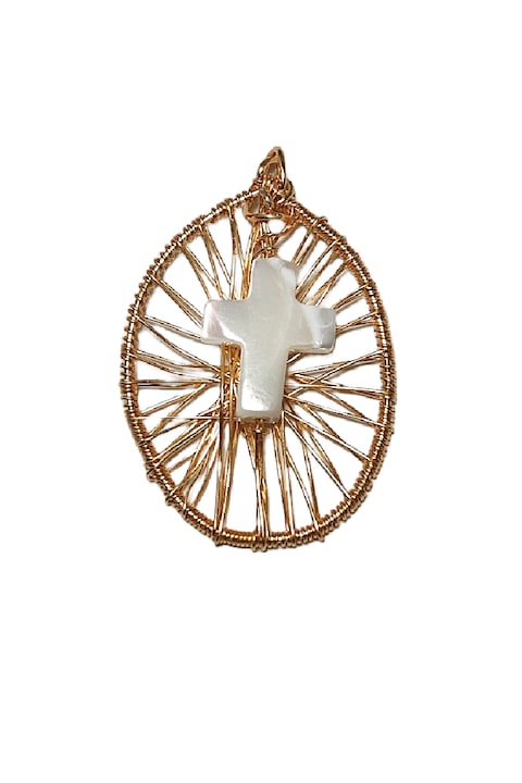 Pandantiv cruce alba cu raze aurii, fir de gilt, Auriu, 3 cm