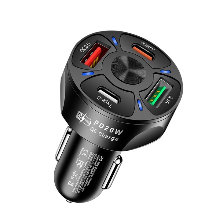 Autós töltő 38W, 6A, Quande, 4 PD port, QC 3.0, Gyors töltés
