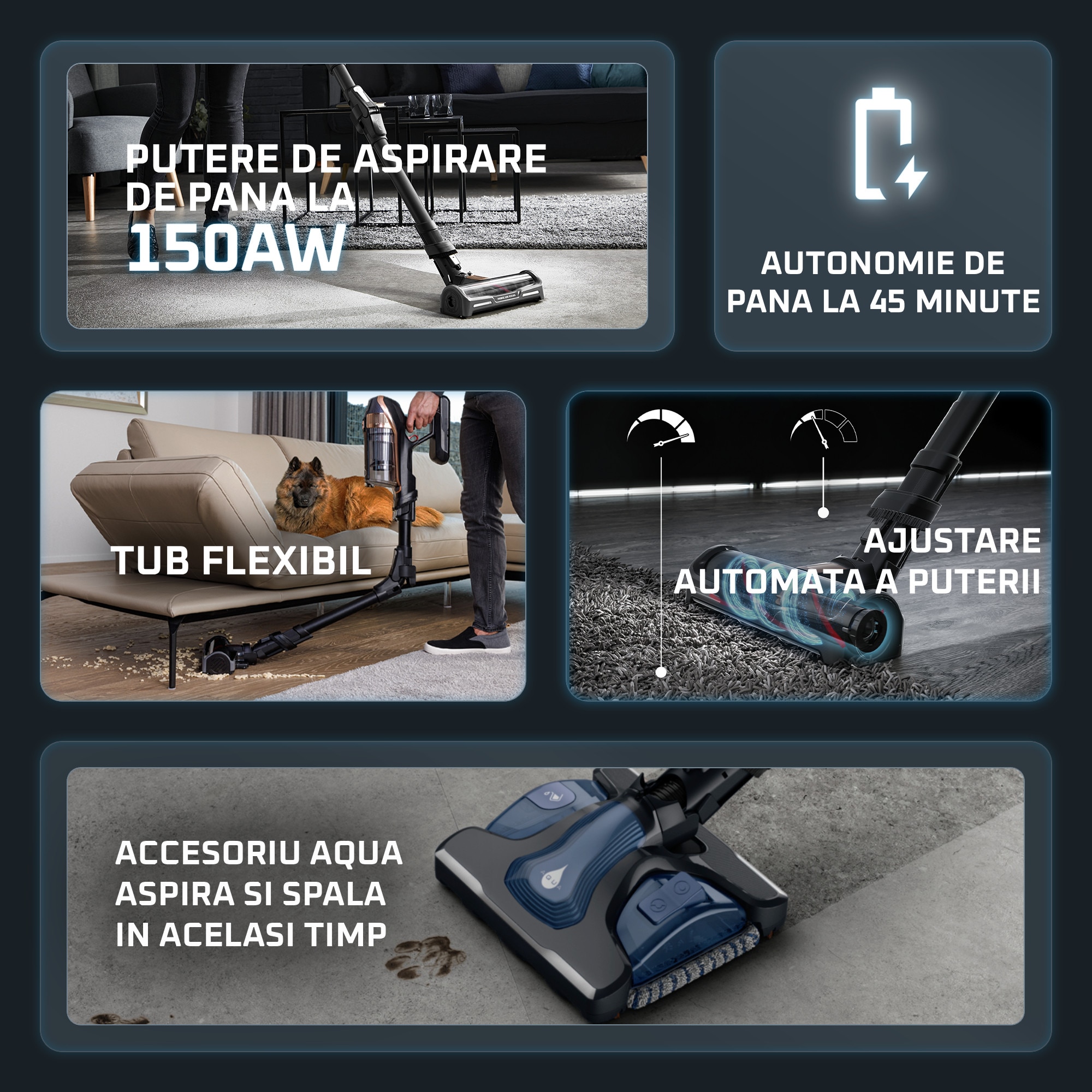 Pachet promo: Aspirator vertical Rowenta X-Force Flex 12.60 Aqua RH98C0WO, 320 W, 0.9 l, Autonomie 45 minute, mop Aqua, Albastru/Negru + Fier de calcat Tefal Ultragliss Plus FV6830E0, 2800W, talpa Durilium AirGlide, jet de abur 250 g/ min, functie Eco, albastru