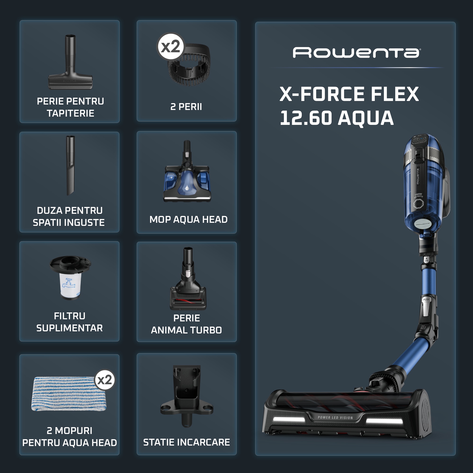 Pachet promo: Aspirator vertical Rowenta X-Force Flex 12.60 Aqua RH98C0WO, 320 W, 0.9 l, Autonomie 45 minute, mop Aqua, Albastru/Negru + Fier de calcat Tefal Ultragliss Plus FV6830E0, 2800W, talpa Durilium AirGlide, jet de abur 250 g/ min, functie Eco, albastru