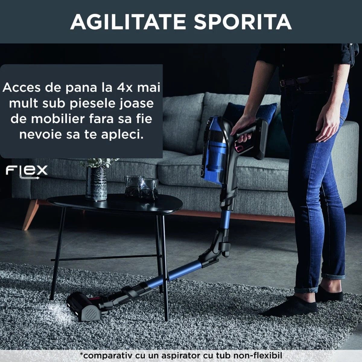 Pachet promo: Aspirator vertical Rowenta X-Force Flex 12.60 Aqua RH98C0WO, 320 W, 0.9 l, Autonomie 45 minute, mop Aqua, Albastru/Negru + Fier de calcat Tefal Ultragliss Plus FV6830E0, 2800W, talpa Durilium AirGlide, jet de abur 250 g/ min, functie Eco, albastru