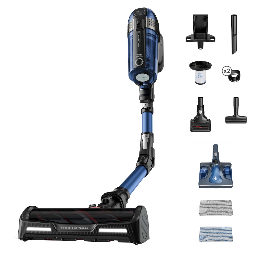 Pachet promo: Aspirator vertical Rowenta X-Force Flex 12.60 Aqua RH98C0WO, 320 W, 0.9 l, Autonomie 45 minute, mop Aqua, Albastru/Negru + Fier de calcat Tefal Ultragliss Plus FV6830E0, 2800W, talpa Durilium AirGlide, jet de abur 250 g/ min, functie Eco, albastru