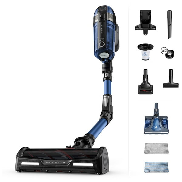 Pachet promo: Aspirator vertical Rowenta X-Force Flex 12.60 Aqua RH98C0WO, 320 W, 0.9 l, Autonomie 45 minute, mop Aqua, Albastru/Negru + Fier de calcat Tefal Ultragliss Plus FV6830E0, 2800W, talpa Durilium AirGlide, jet de abur 250 g/ min, functie Eco, albastru