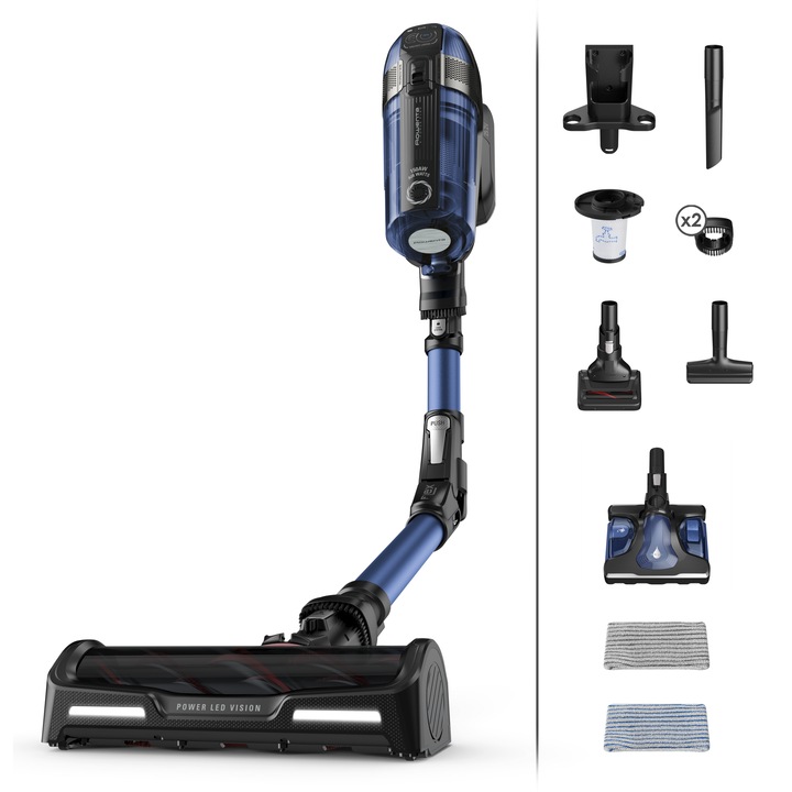 Aspirator vertical Rowenta X-Force Flex 12.60 Aqua RH98C0WO, 320 W, 0.9 l, Autonomie 45 minute, Albastru/Negru