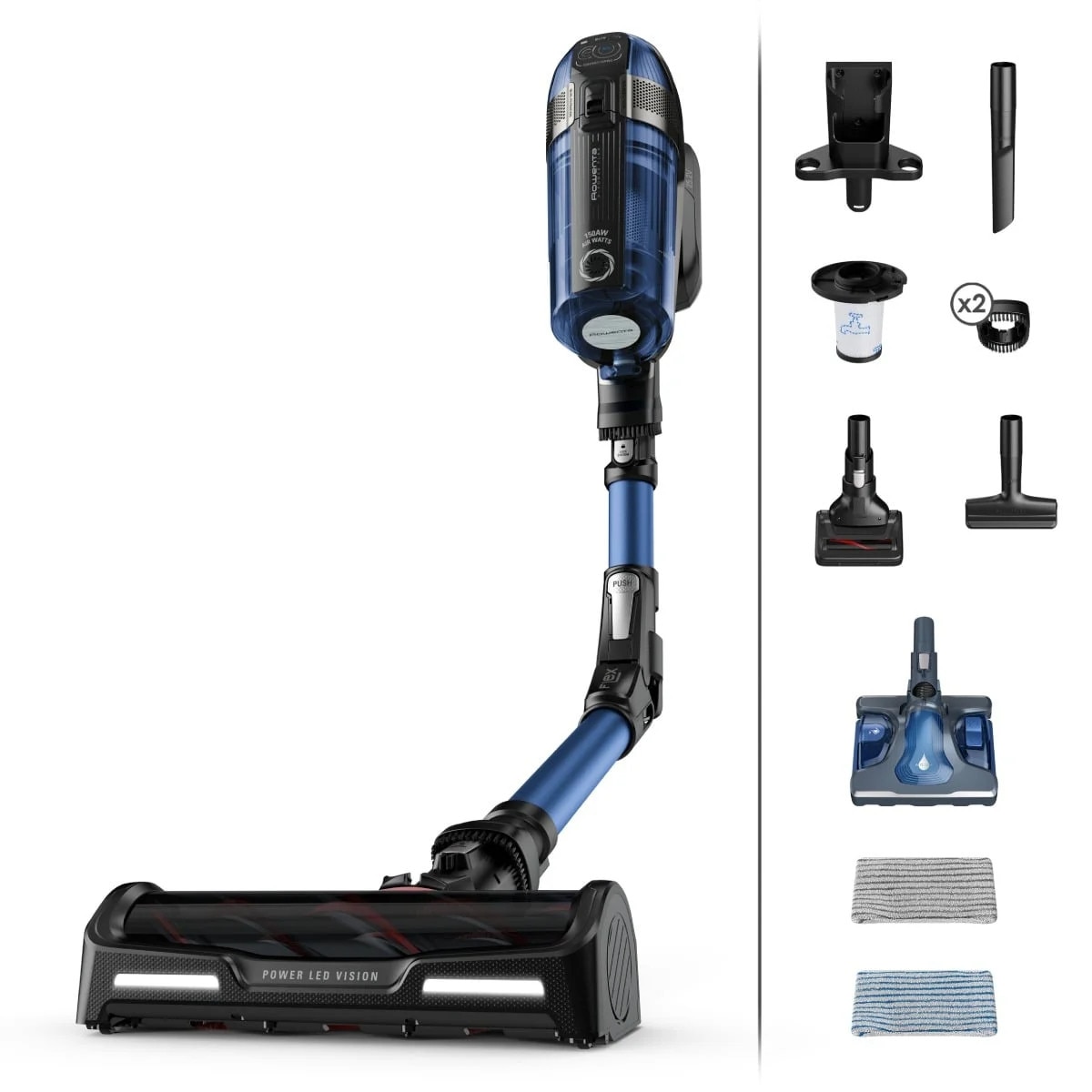 Pachet promo: Aspirator vertical Rowenta X-Force Flex 12.60 Aqua RH98C0WO, 320 W, 0.9 l, Autonomie 45 minute, mop Aqua, Albastru/Negru + Fier de calcat Tefal Ultragliss Plus FV6830E0, 2800W, talpa Durilium AirGlide, jet de abur 250 g/ min, functie Eco, albastru