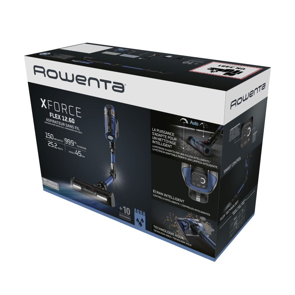 Pachet promo: Aspirator vertical Rowenta X-Force Flex 12.60 Aqua RH98C0WO, 320 W, 0.9 l, Autonomie 45 minute, mop Aqua, Albastru/Negru + Fier de calcat Tefal Ultragliss Plus FV6830E0, 2800W, talpa Durilium AirGlide, jet de abur 250 g/ min, functie Eco, albastru