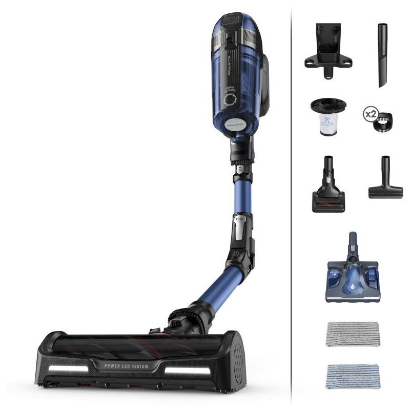 Pachet promo: Aspirator vertical Rowenta X-Force Flex 12.60 Aqua RH98C0WO, 320 W, 0.9 l, Autonomie 45 minute, mop Aqua, Albastru/Negru + Fier de calcat Tefal Ultragliss Plus FV6830E0, 2800W, talpa Durilium AirGlide, jet de abur 250 g/ min, functie Eco, albastru