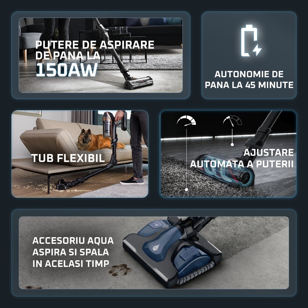 Pachet promo: Aspirator vertical Rowenta X-Force Flex 12.60 Aqua RH98C0WO, 320 W, 0.9 l, Autonomie 45 minute, mop Aqua, Albastru/Negru + Fier de calcat Tefal Ultragliss Plus FV6830E0, 2800W, talpa Durilium AirGlide, jet de abur 250 g/ min, functie Eco, albastru