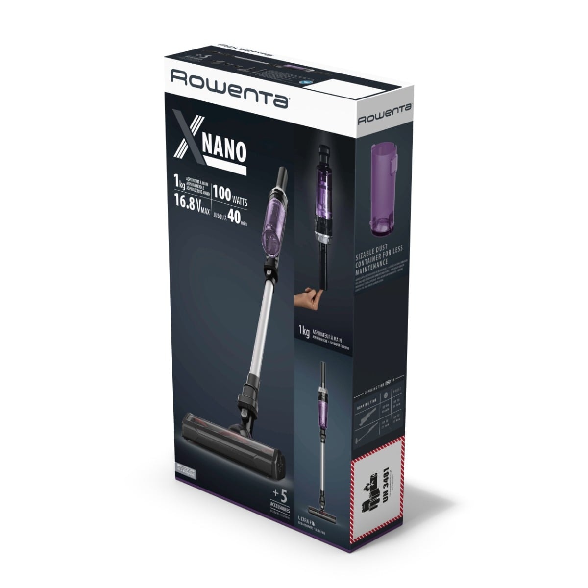 Aspirator vertical Rowenta X-Nano RH1129WO, 0.5l, 16.8V, Autonomie maxima 40 min, Negru-Mov