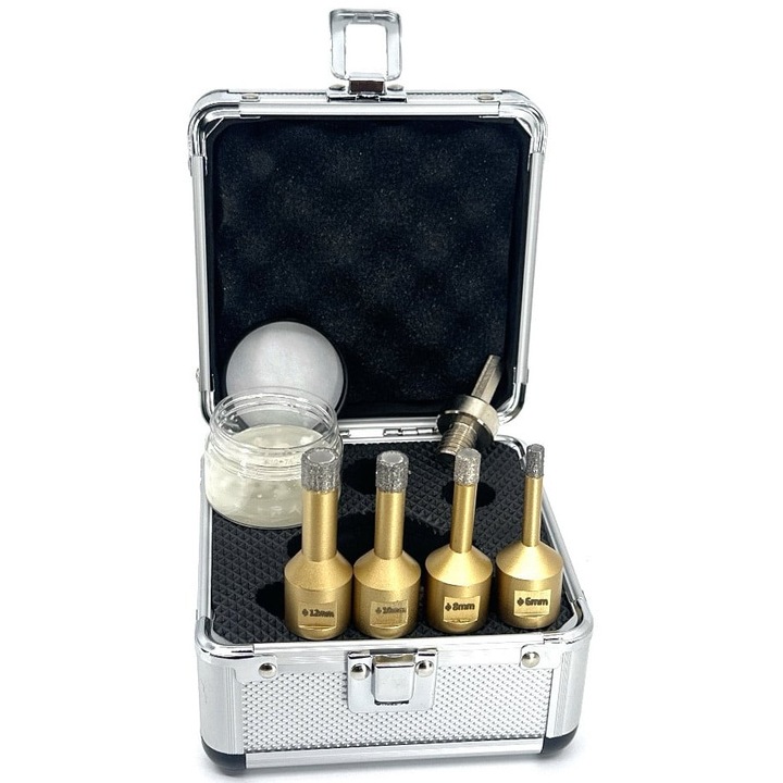 Set 4 carote diamantate pentru gresie portelanata si piatra, diametru 6, 8, 10, 12 mm Premium - DXDY.GOLDrill.MiniSet