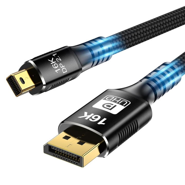 Cablu mini DisplayPort la DisplayPort 3M DP 1.4 8K 60Hz 4K 144Hz HDR DSC 32 canale audio Video Mirroring & Extended Desktop Impletitura nylon Conectori aurii Negru Reagle