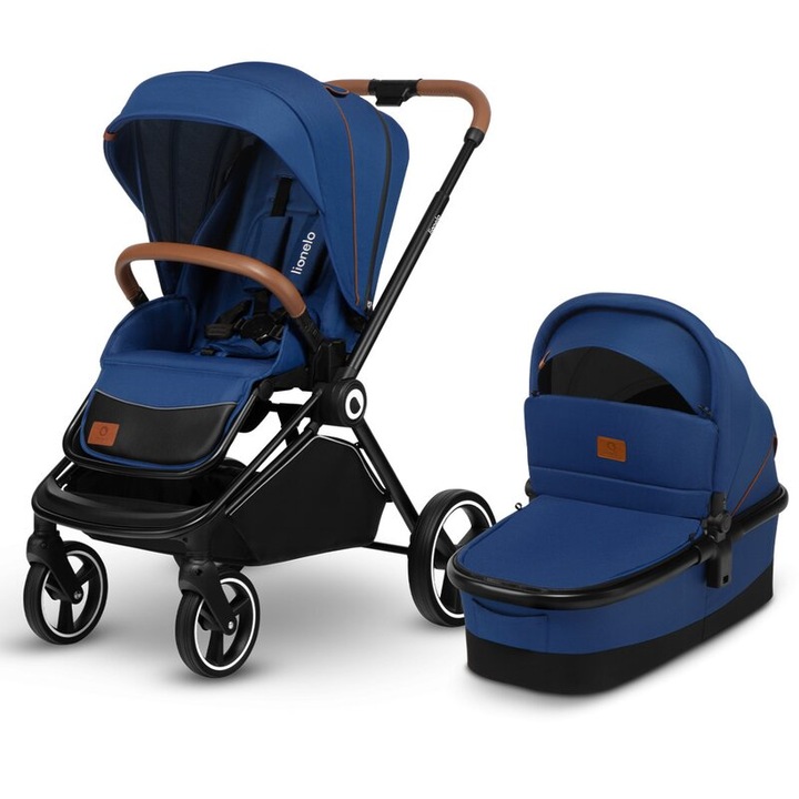 Детска количка, Lionelo, compact Mika, 2 в 1, Алуминиева рамка, С подсилен кош и мек матрак, Реверсивна, Регулируема дръжка, Покривала за крачета, Мрежа против комари, Дъждобран, До 22 кг, Син