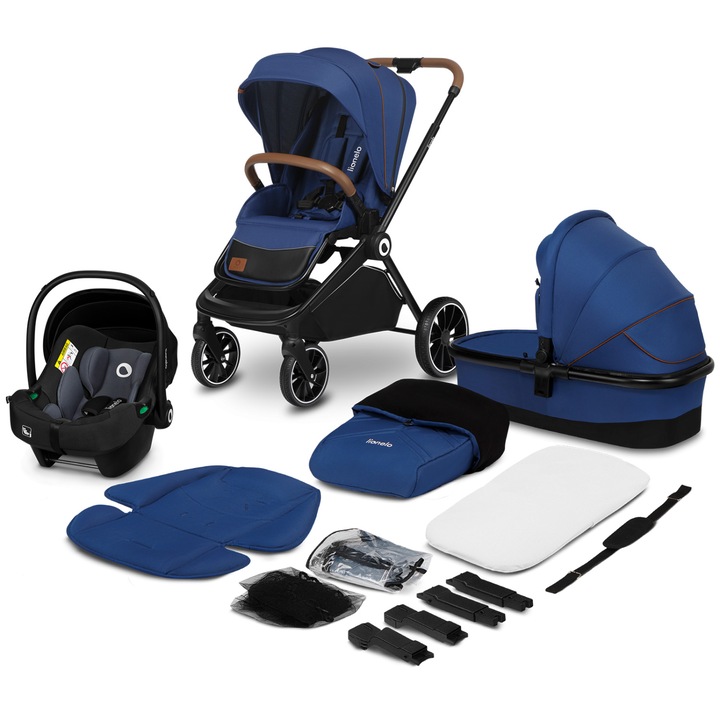 Carucior 3 in 1, Lionelo, Mika, Cadru din aluminiu, Cu landou intarit si salteluta moale, Cu scoica auto testata ADAC, Reversibil, Cu accesorii, Pana la 22 kg, EN1888-1 EN1888-2 EN1466 ECE R129, Albastru