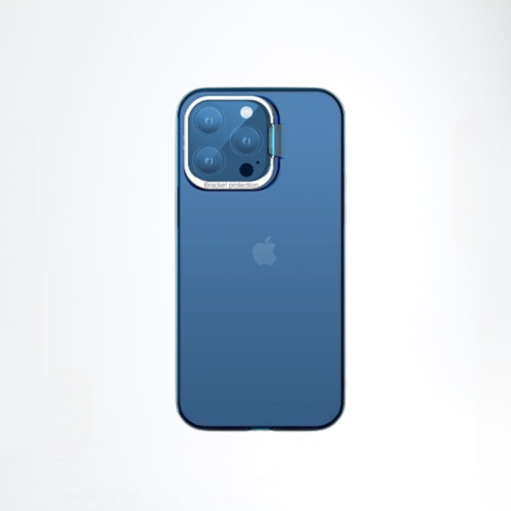 Защитен калъф за iPhone 14 Plus, с метален държач за камера, Bracket Series, Flippy, Anti-Shock Protection, Matte PC, мек силикон по ръбовете, син
