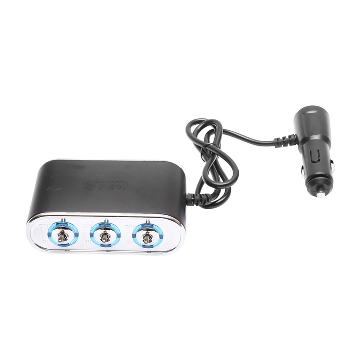Adaptor bricheta auto tripla 12/24V negru cu intrerupator individual si 1 port USB 5V 2.1A