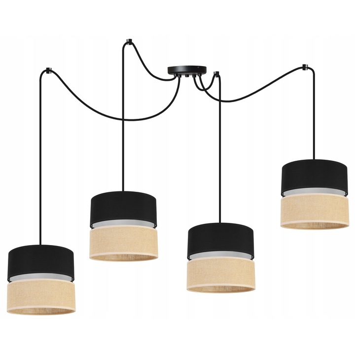 Plafoniera suspendata cu abajur, Light Home, Juta, reglabile, Lungime 200 cm, Latime 20 cm, Abajur 20 cm, E27, 4 punct de lumina, material textil, Negru/Bej