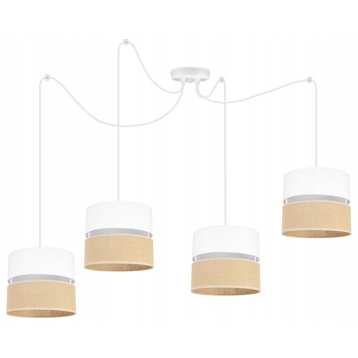 Plafoniera suspendata cu abajur, Light Home, Juta, reglabile, Lungime 200 cm, Latime 20 cm, Abajur 20 cm, E27, 4 punct de lumina, material textil, Alb/bej
