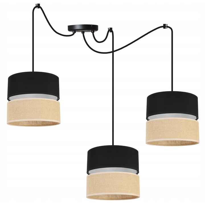 Plafoniera suspendata cu abajur, Light Home, Juta, reglabile, Lungime 200 cm, Latime 20 cm, Abajur 20 cm, E27, 3 punct de lumina, material textil, Negru/Bej