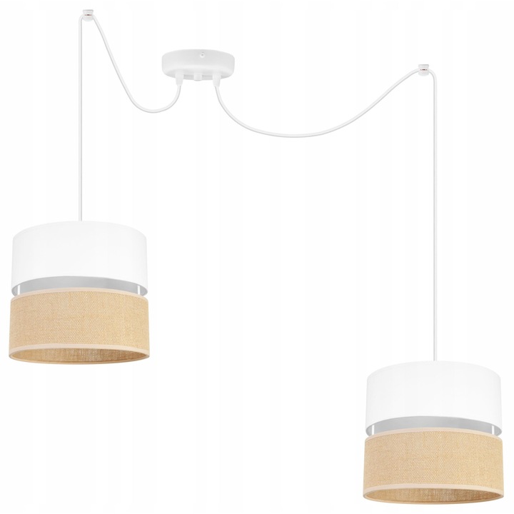 Plafoniera suspendata cu abajur, Light Home, Juta, reglabile, Lungime 200 cm, Latime 20 cm, Abajur 20 cm, E27, 2 punct de lumina, material textil, Alb/bej