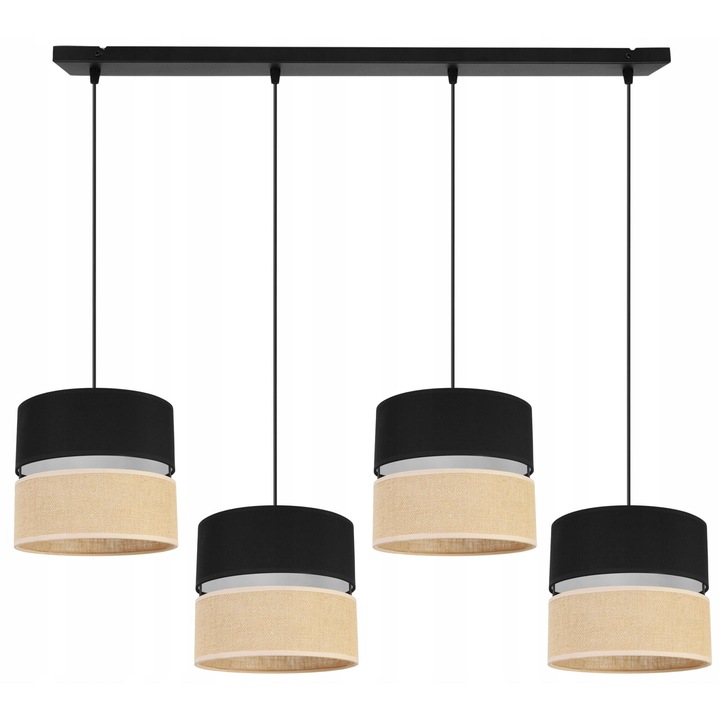 Plafoniera suspendata cu abajur, Light Home, Juta, reglabile, Lungime 90 cm, Latime 100 cm, Abajur 20 cm, E27, 4 punct de lumina, material textil, Negru/Bej