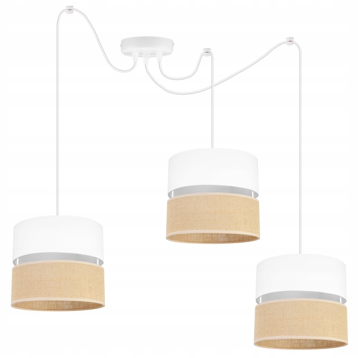 Plafoniera suspendata cu abajur, Light Home, Juta, reglabile, Lungime 200 cm, Latime 20 cm, Abajur 20 cm, E27, 3 punct de lumina, material textil, Alb/bej