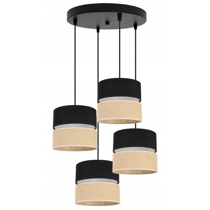 Plafoniera suspendata cu abajur, Light Home, Juta, reglabile, Lungime 90 cm, Latime 50 cm, Abajur 20 cm, E27, 4 punct de lumina, material textil, Negru/Bej