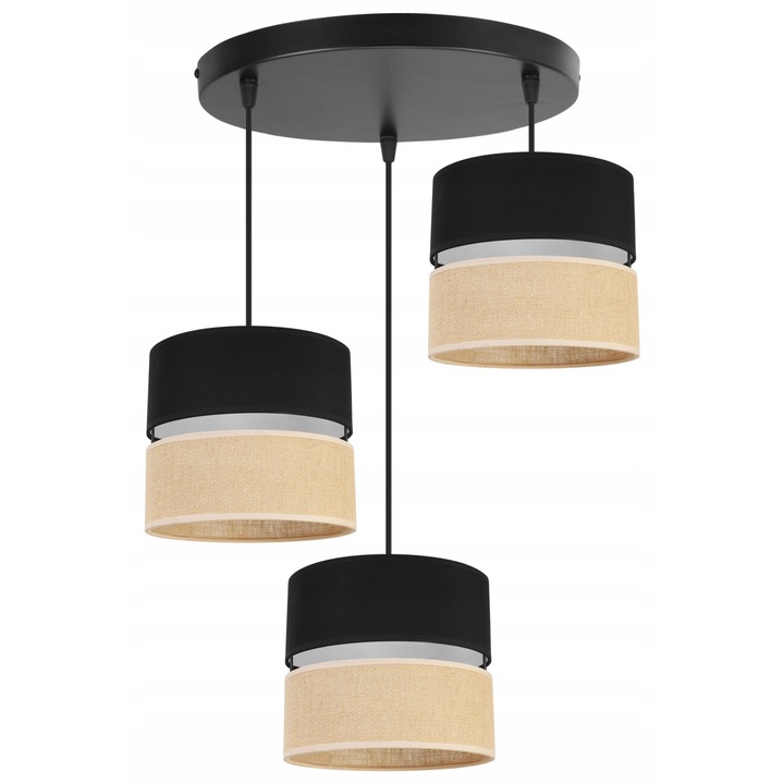 Plafoniera suspendata cu abajur, Light Home, Juta, reglabile, Lungime 90 cm, Latime 50 cm, Abajur 20 cm, E27, 3 punct de lumina, material textil, Negru/Bej