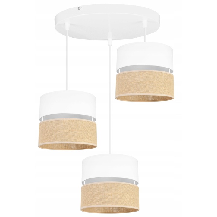 Plafoniera suspendata cu abajur, Light Home, Juta, reglabile, Lungime 90 cm, Latime 50 cm, Abajur 20 cm, E27, 3 punct de lumina, material textil, Alb/bej