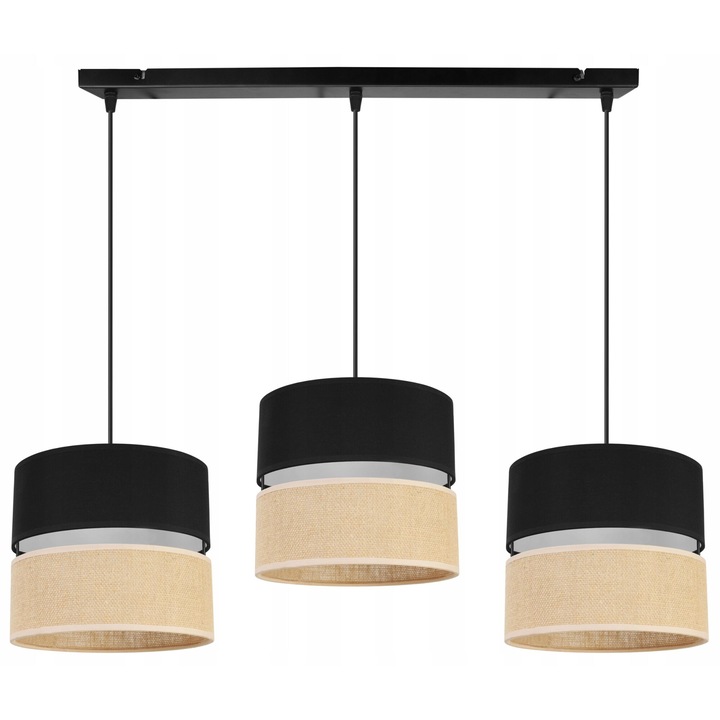 Plafoniera suspendata cu abajur, Light Home, Juta, reglabile, Lungime 90 cm, Latime 80 cm, Abajur 20 cm, E27, 3 punct de lumina, material textil, Negru/Bej