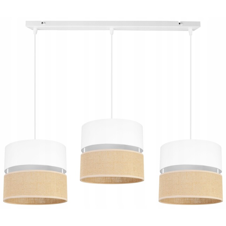 Plafoniera suspendata cu abajur, Light Home, Juta, reglabile, Lungime 90 cm, Latime 80 cm, Abajur 20 cm, E27, 3 punct de lumina, material textil, Alb/bej