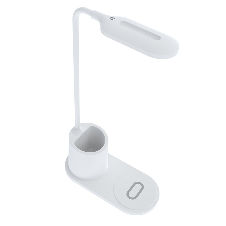 Lampa led birou sau noptiera cu suport pixuri si incarcare wireless 10w, buton touch, trei nivele intensitate, tija reglabila, alb